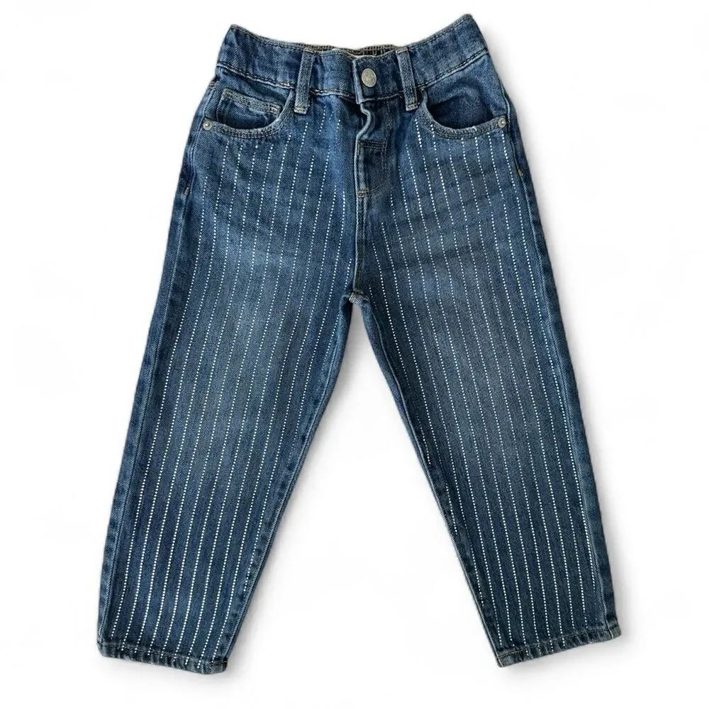 ZARA Baby Girl Blue Jeans Bling Embellished Dot Stripes Size 3-4 Years